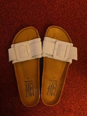 Miz Mooz Suede Buckle Slide Sandals in Off White